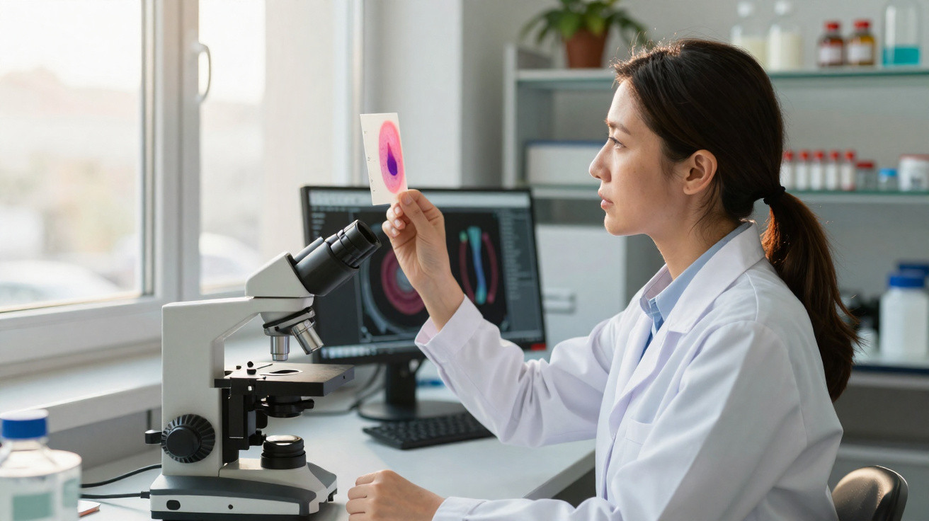 Scientist in a lab coat examining a stained microscope slide with a microscope and computer in the background.