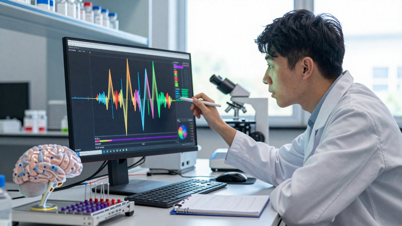 Scientist in white lab coat analysing colourful brainwave data on a computer screen in a laboratory.