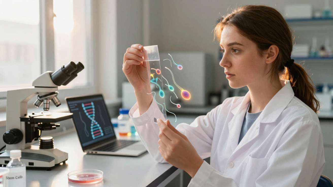 Scientist in a lab coat examining a transparent sheet with digital sperm cell illustrations in a laboratory.