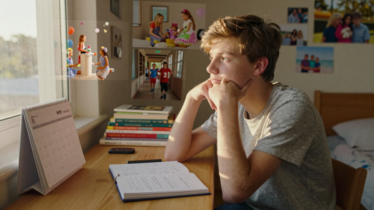 Teenage boy sitting at desk looking out window, daydreaming with family memories floating above him.