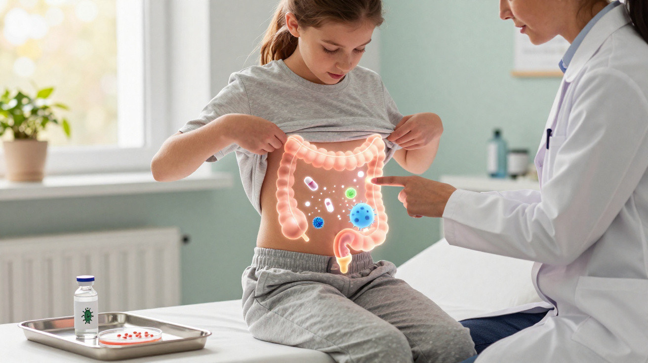 Doctor explaining gut health to a young patient with a digital illustration of intestines and microbes.