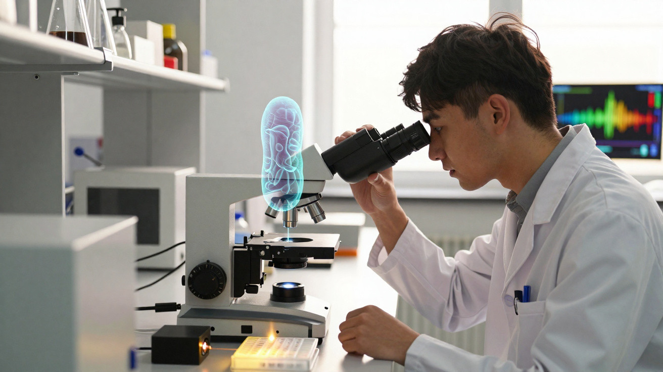 Scientist in lab coat examining bacteria hologram through microscope in a laboratory setting.
