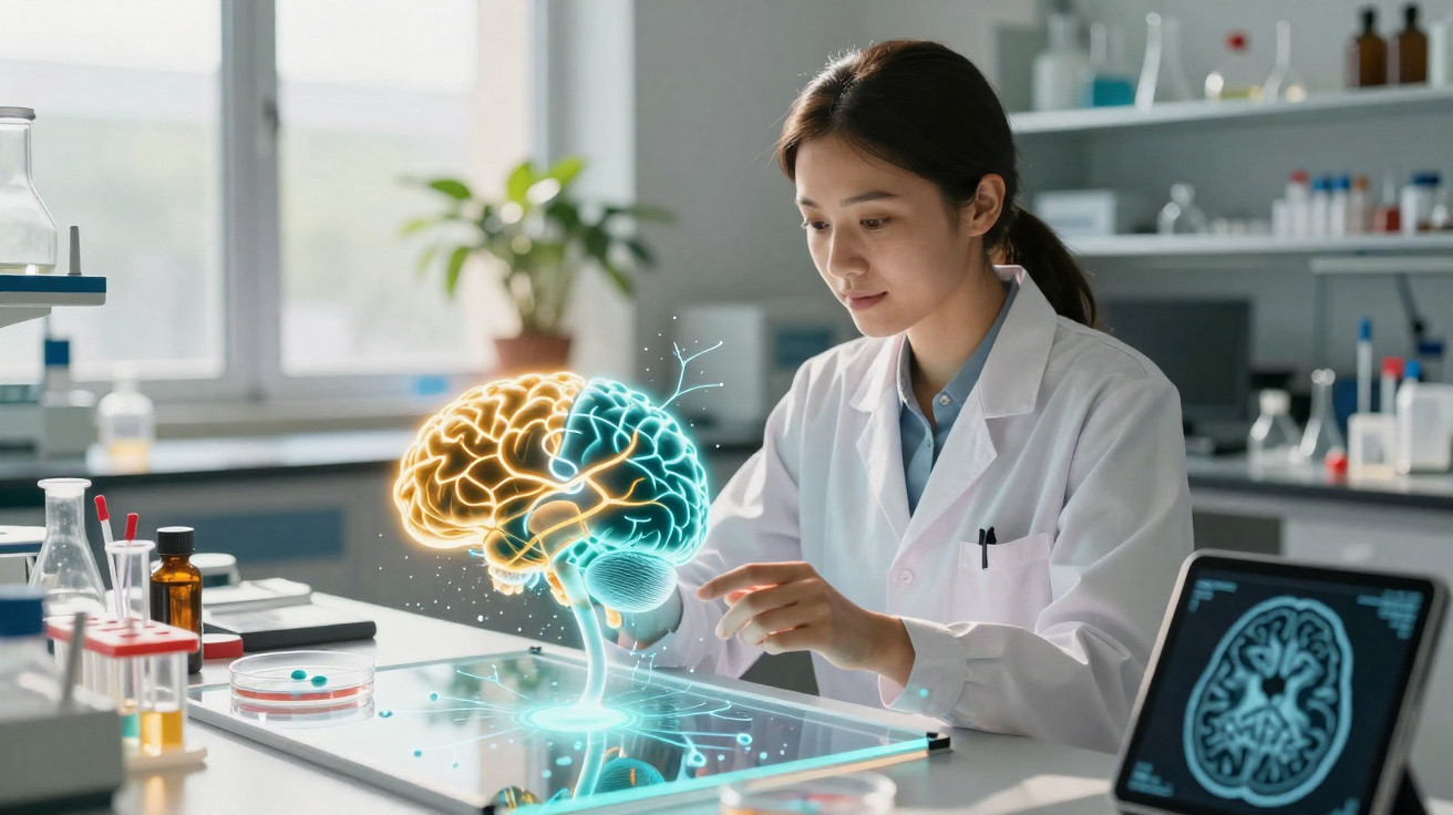 Scientist in a lab coat analysing a digital 3D brain hologram on a transparent tablet in a laboratory.