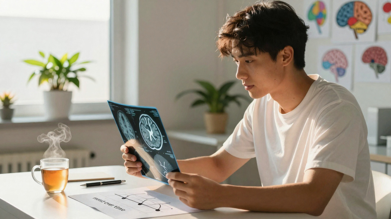 Young man in white t-shirt examining brain scan images at a desk with tea and brain diagrams.