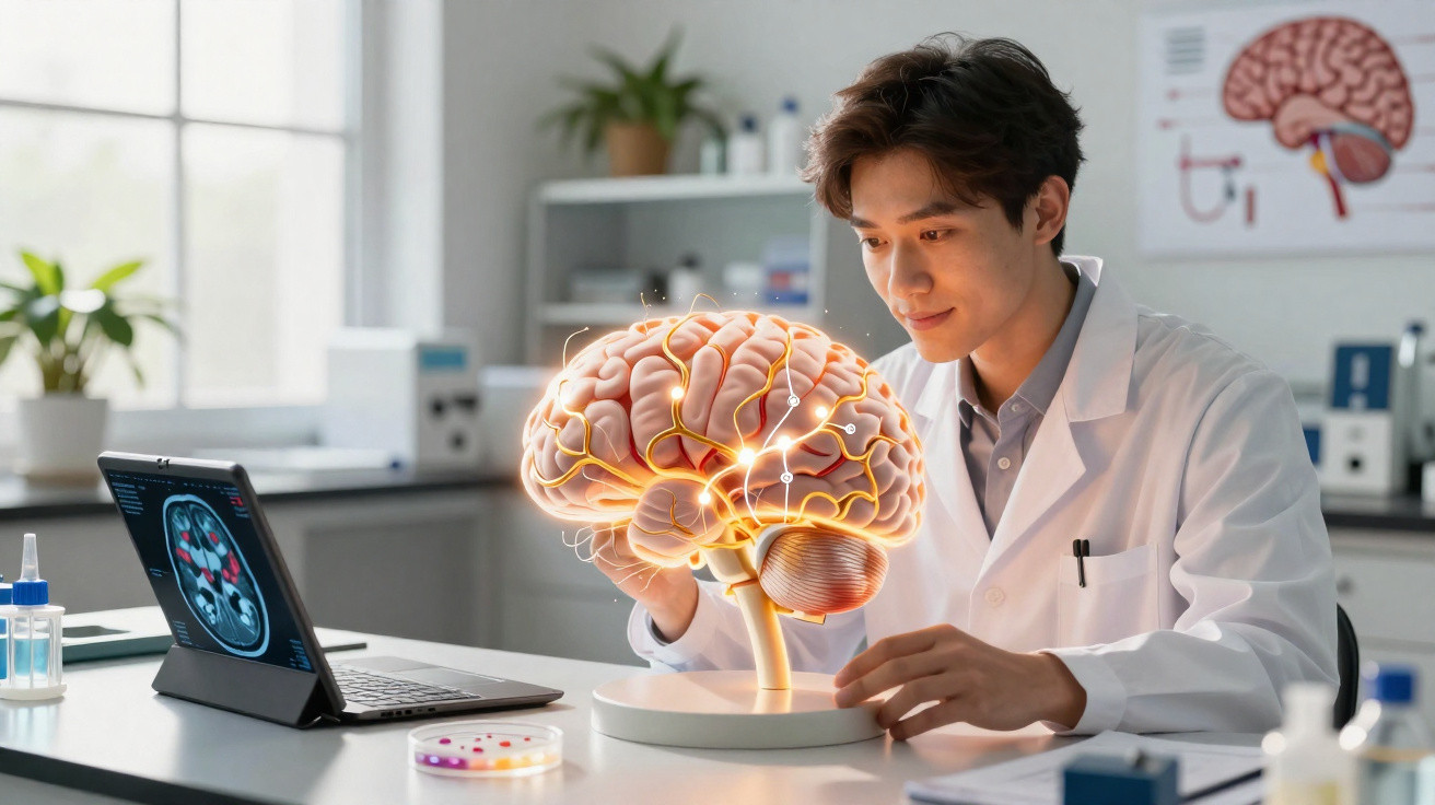 Scientist in lab coat examining illuminated brain model with neural connections on white desk next to laptop.