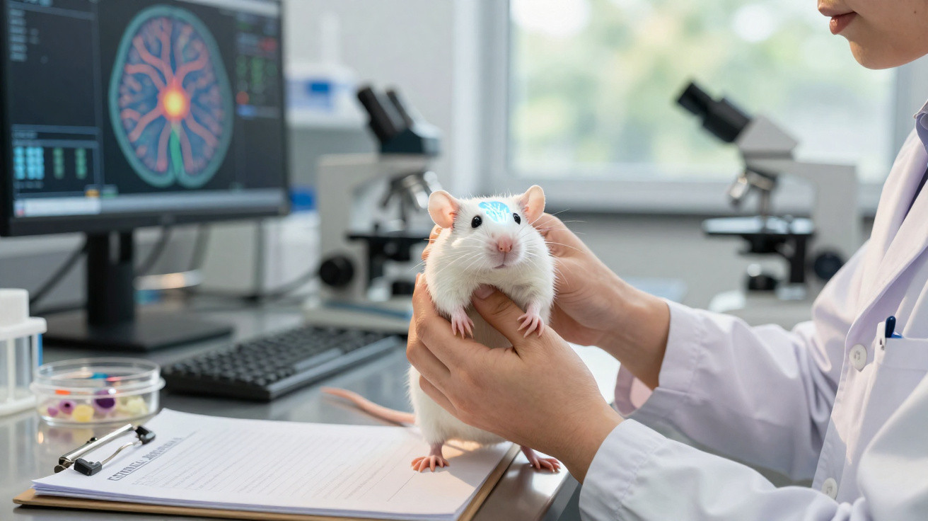 Scientist holding a lab rat with a marked head in a laboratory with microscope and brain scan on screen.