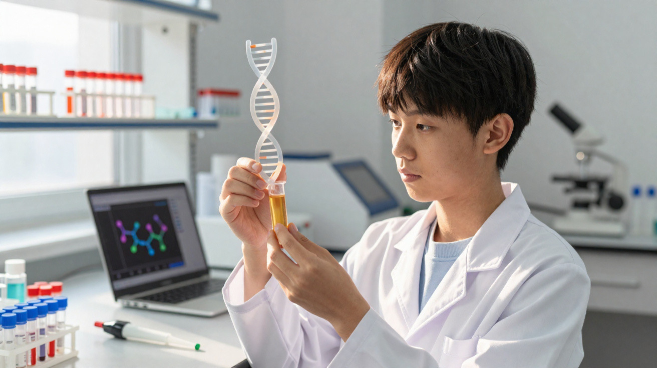 Scientist in a lab coat examining a test tube with a DNA double helix model inside a laboratory.
