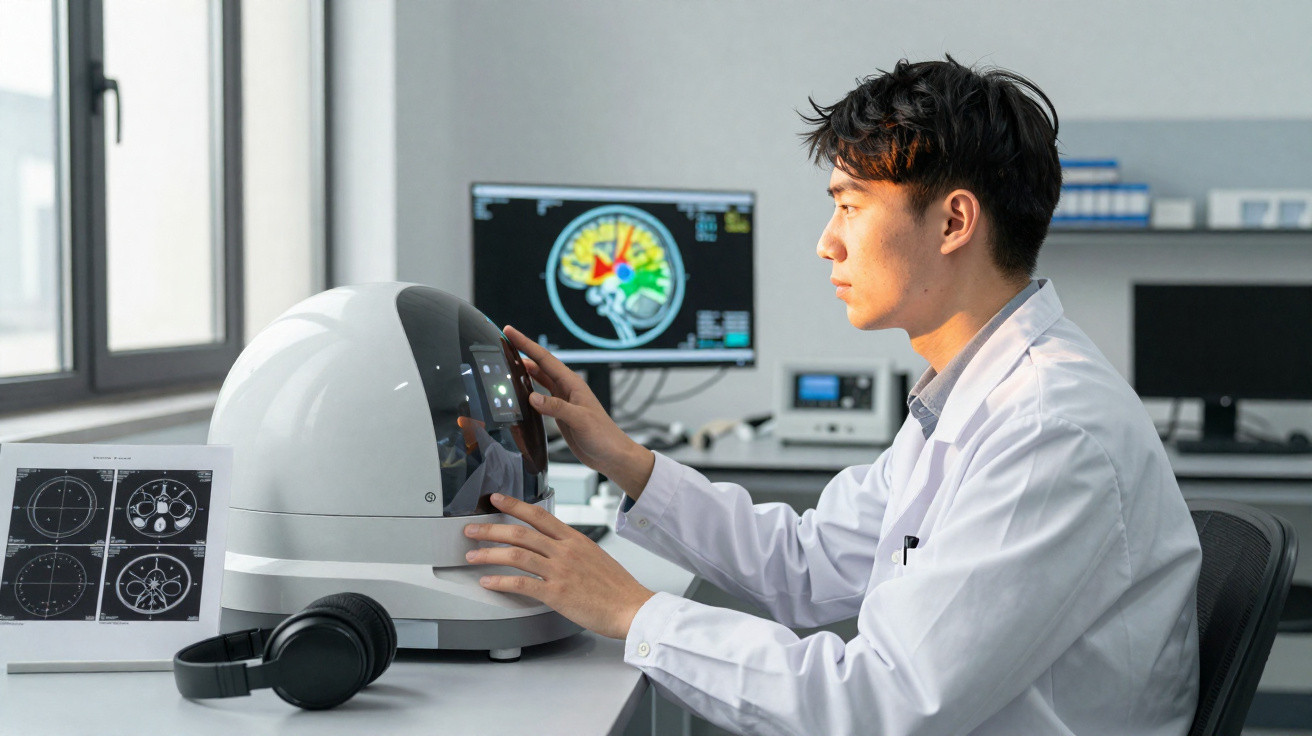 Scientist in a lab coat operating a brain scanning device with brain images on a computer screen.