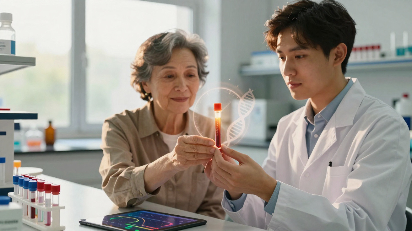 Scientist and elderly woman examining a glowing blood sample in a lab with DNA hologram and tablet nearby.