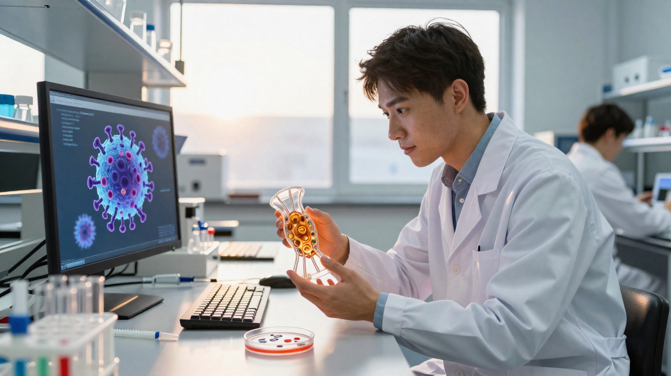 Scientist in lab coat examining virus model with virus image on computer screen in a laboratory.