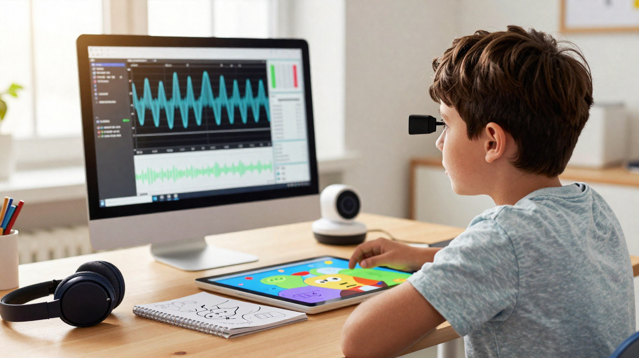 Child wearing eye-tracking device using tablet, with computer showing eye movement data and headphones on desk.
