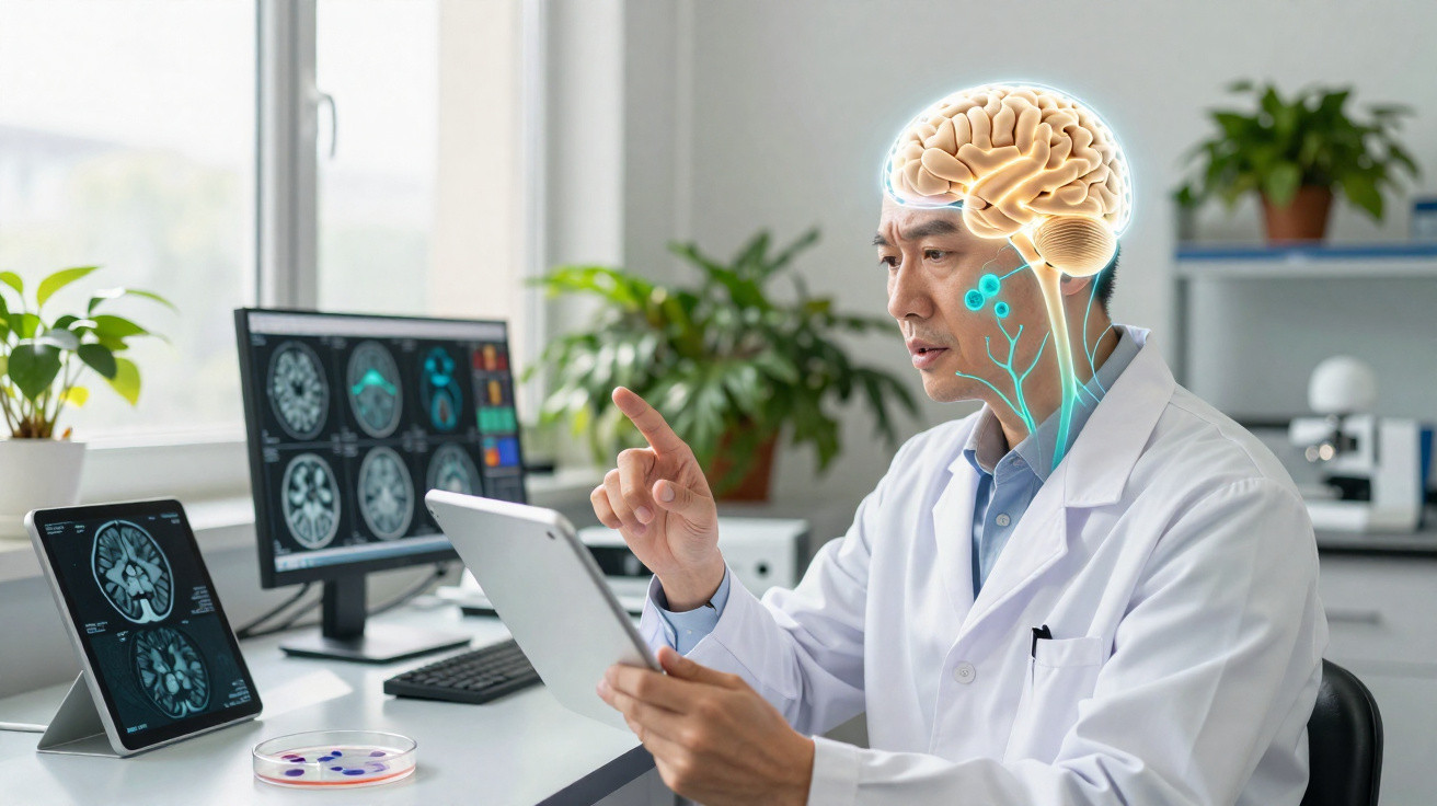 Doctor analysing brain scans on screens and tablet with digital brain overlay in modern office.
