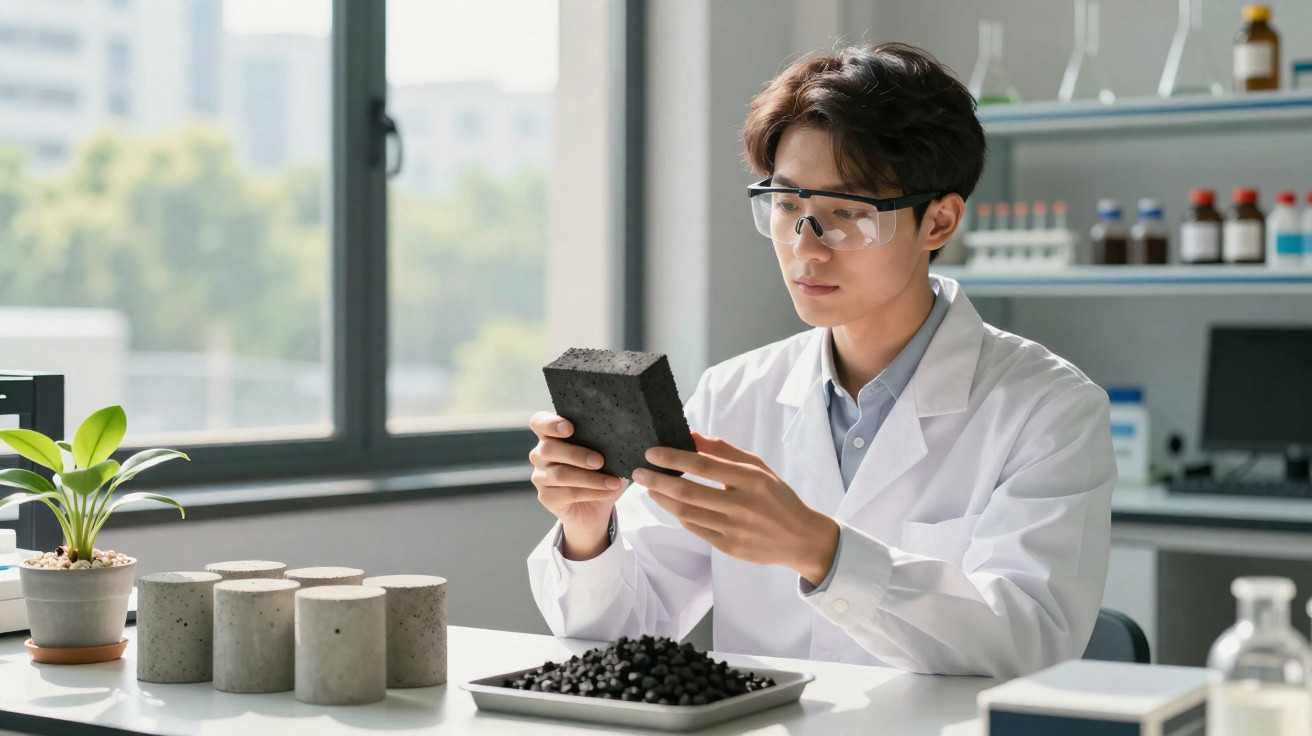 Scientist in a lab coat and goggles inspecting a block of porous material in a laboratory.