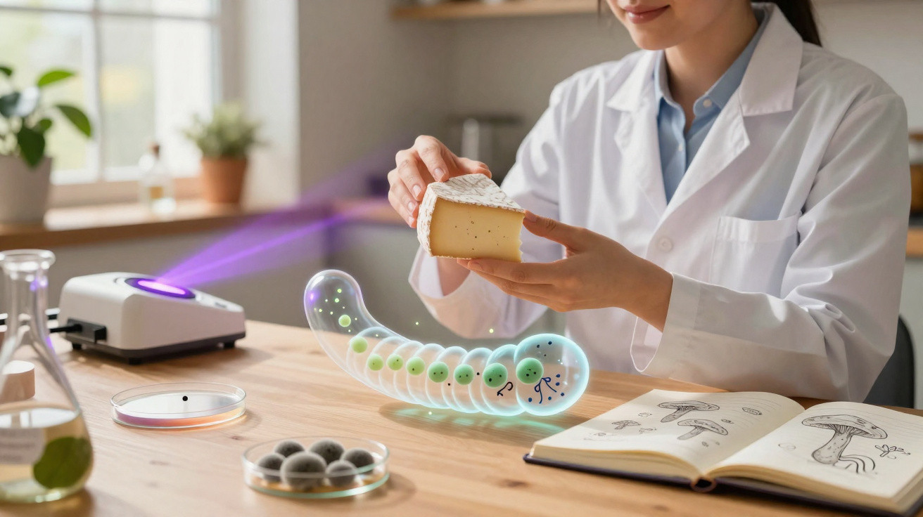 Scientist in lab coat examining cheese with holographic bacteria projection and open mushroom illustration book.