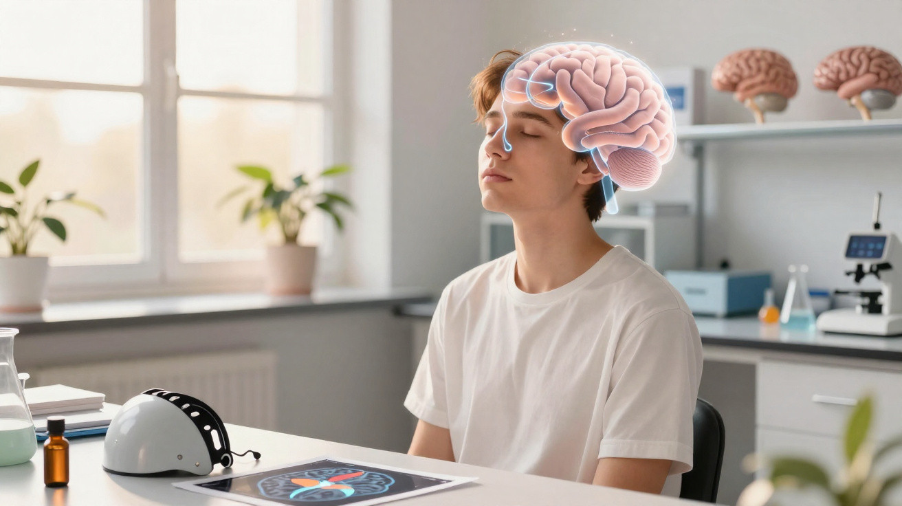 Young man with closed eyes and a digital brain overlay in a bright medical lab setting.