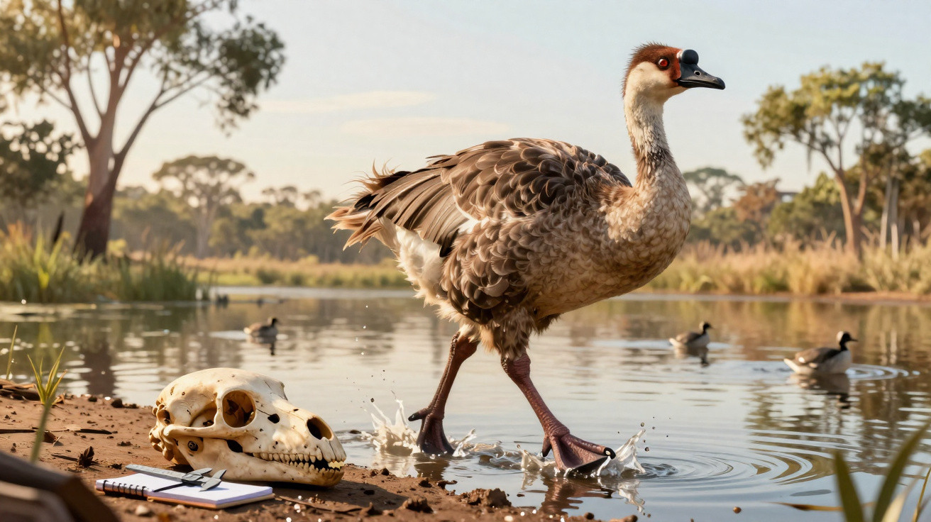 A brown goose walking on a riverbank near a skull and notebook, with trees and birds in the background.