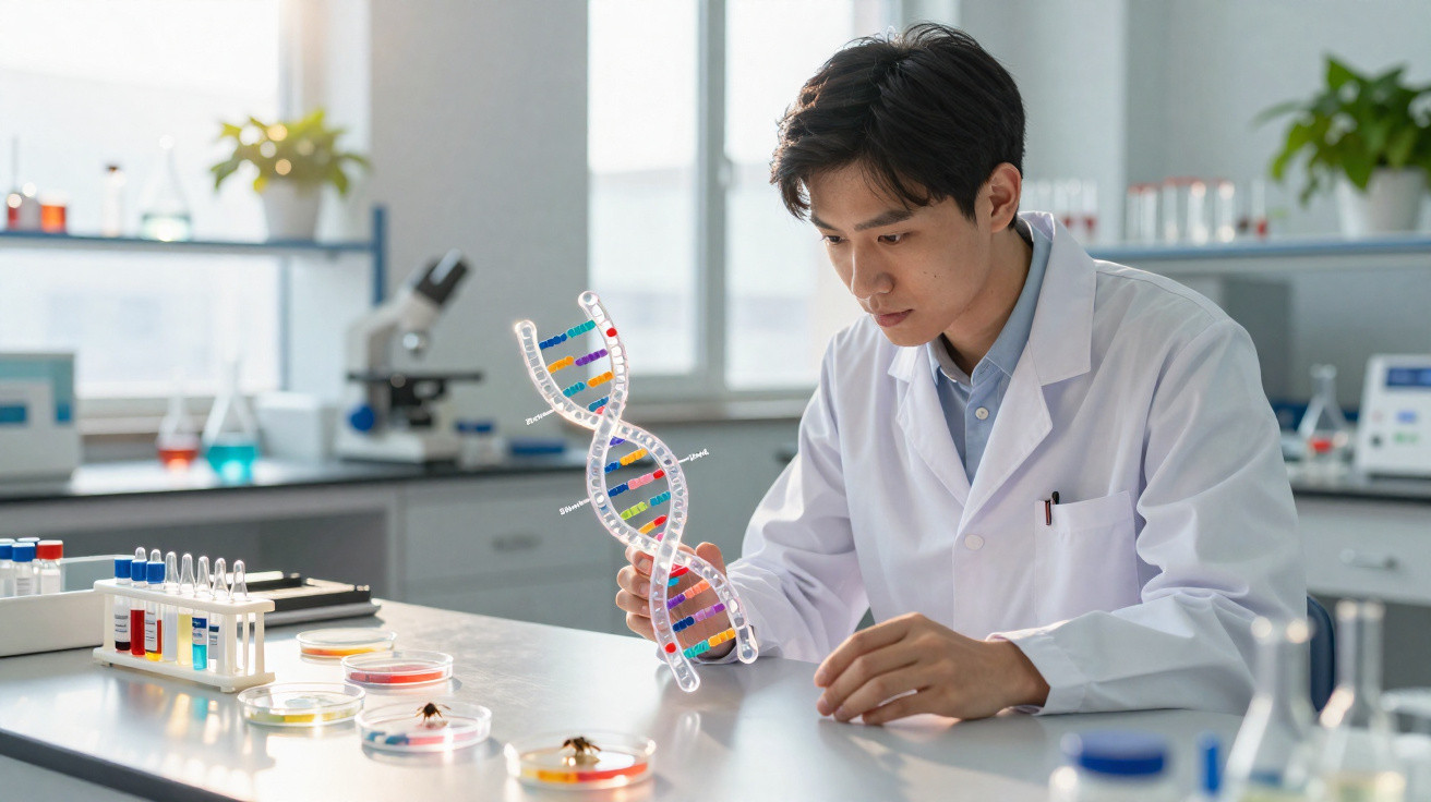 Scientist in lab coat examining a 3D DNA model in a laboratory with petri dishes and microscope nearby.