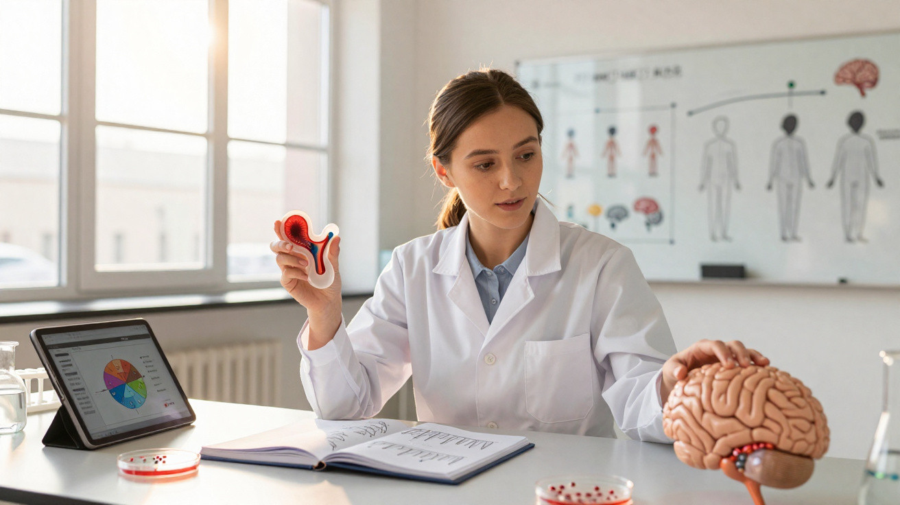 Female scientist in lab coat studies brain and ear models at desk with tablet and open notebook.