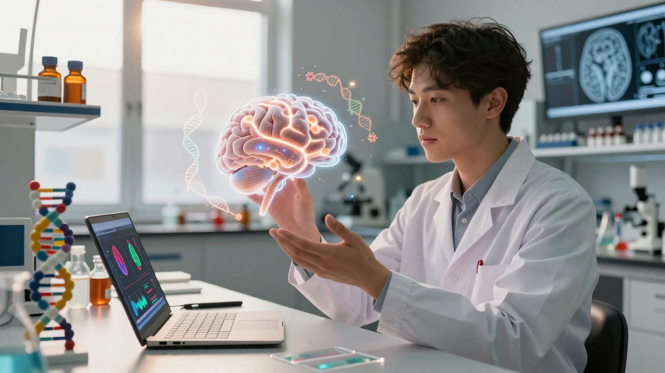 Scientist in lab coat examining floating digital brain model with DNA strands and brain scans on screens.