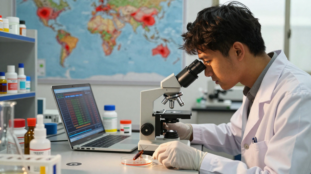 Scientist in white coat using a microscope in a lab with a laptop and world map in the background.