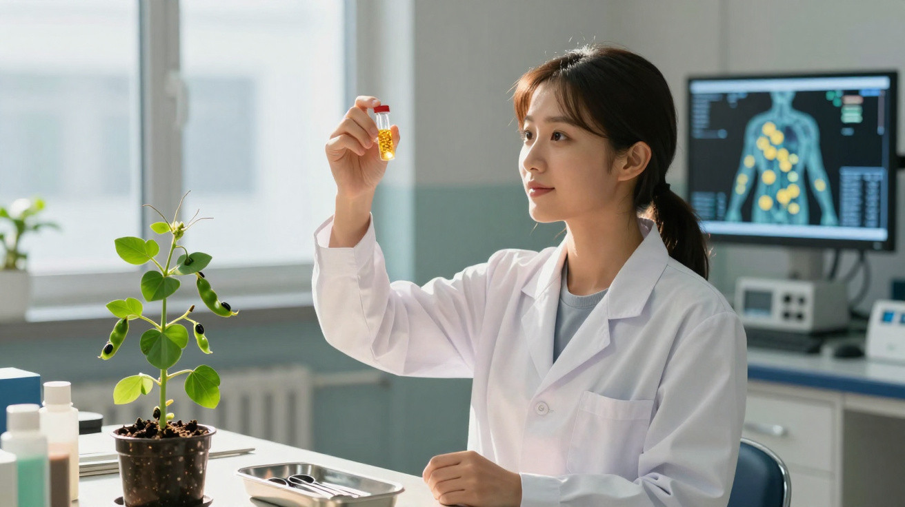 Scientist in white coat examining a vial of yellow capsules in a laboratory with a potted plant nearby.