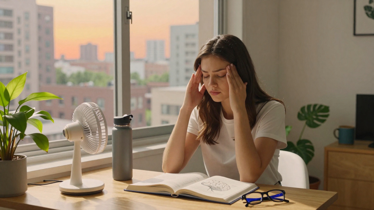 Young woman sitting at desk with book, holding temples, looking stressed in bright room with window view.
