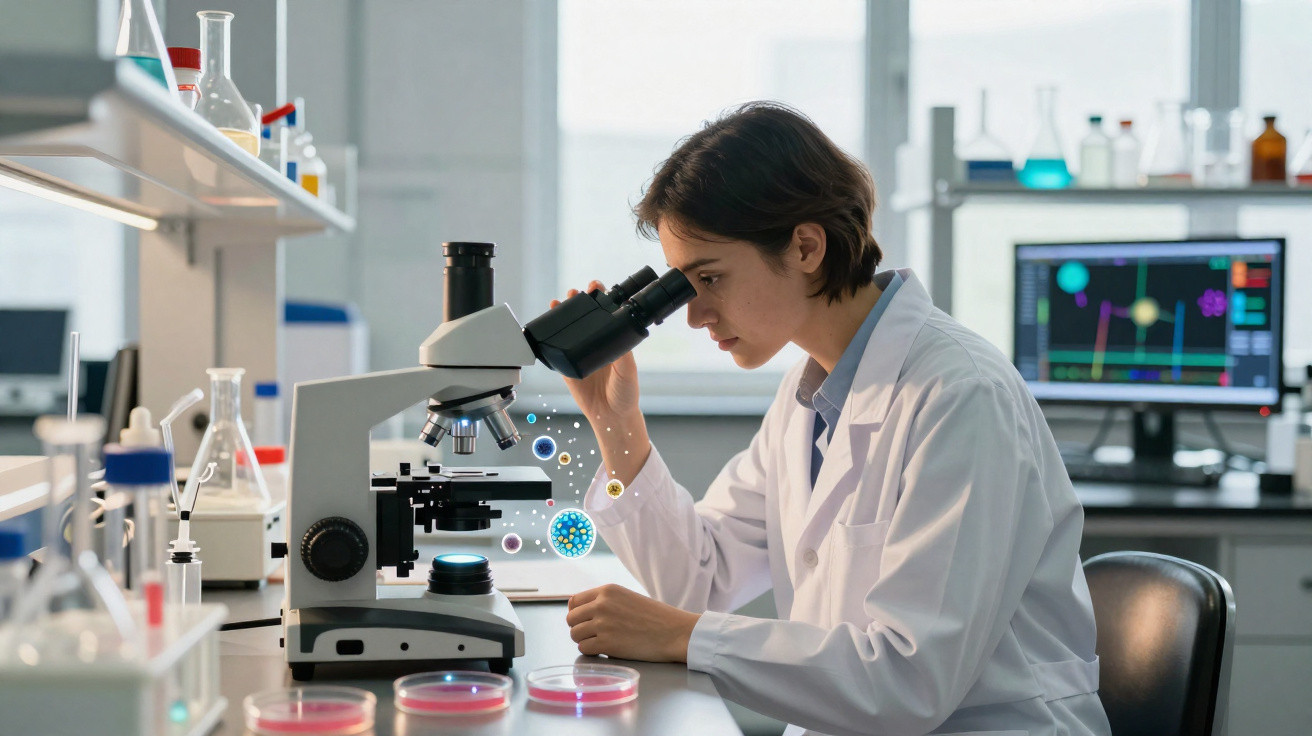 Scientist in a lab coat examining samples through a microscope with digital virus illustrations beside it.
