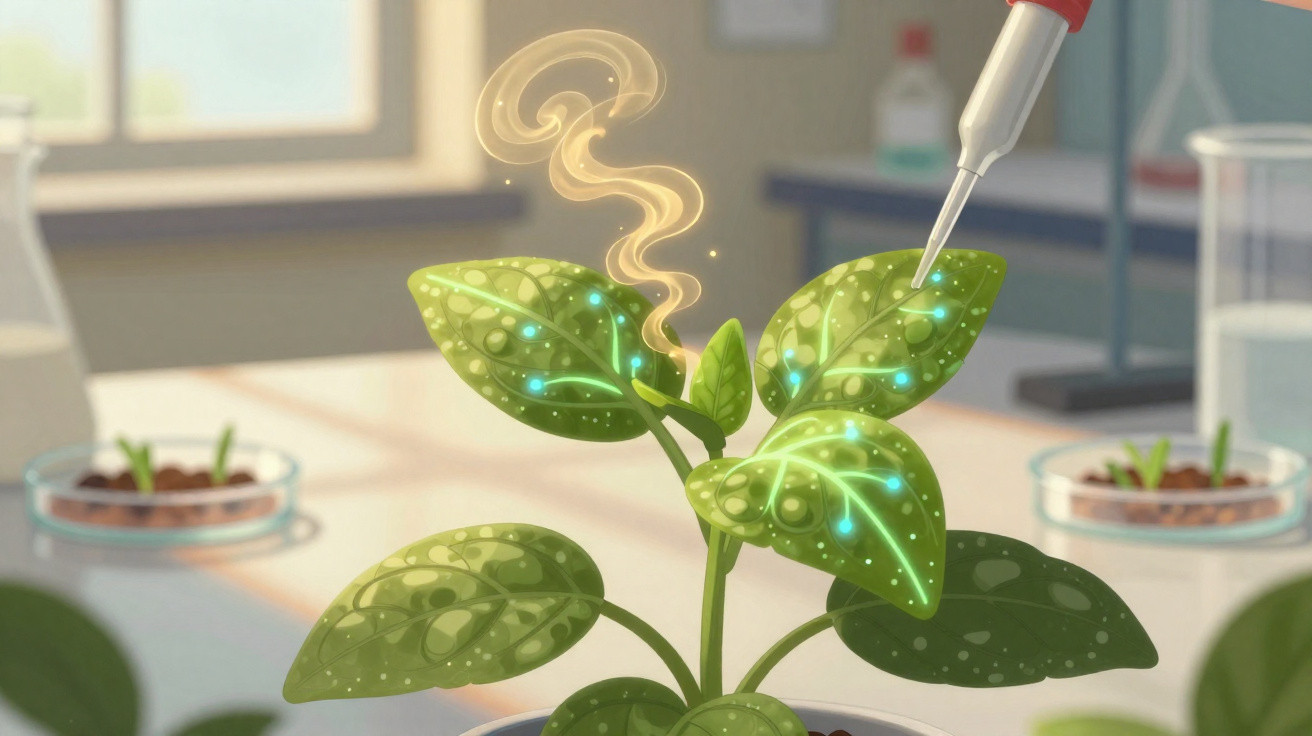Pipette dropping liquid onto a glowing plant in a laboratory with petri dishes in the background.