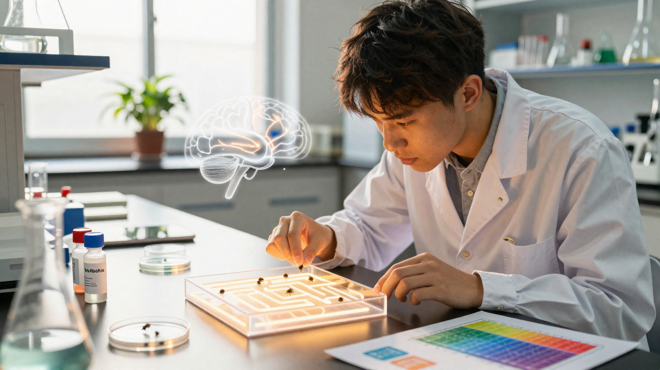 Scientist in lab coat studying ants navigating a maze with a digital brain graphic floating nearby.