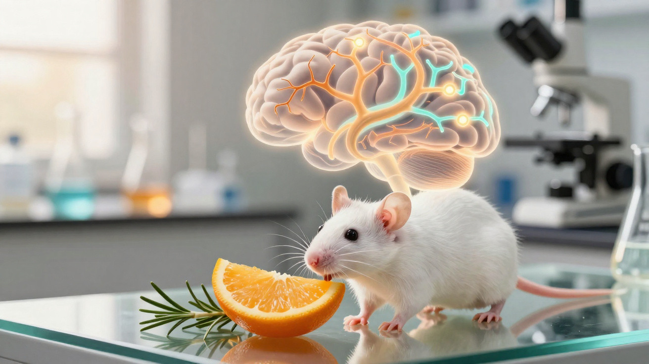 White laboratory mouse on a glass table near an orange slice with a glowing brain illustration above it.