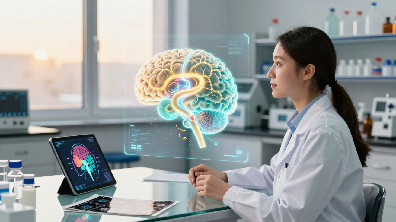 Scientist in lab coat analyses 3D brain hologram with digital brain scan on tablet in modern laboratory.
