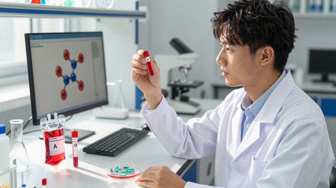 Scientist in white lab coat examining a test tube with red liquid in a laboratory setting with a computer and microscope.