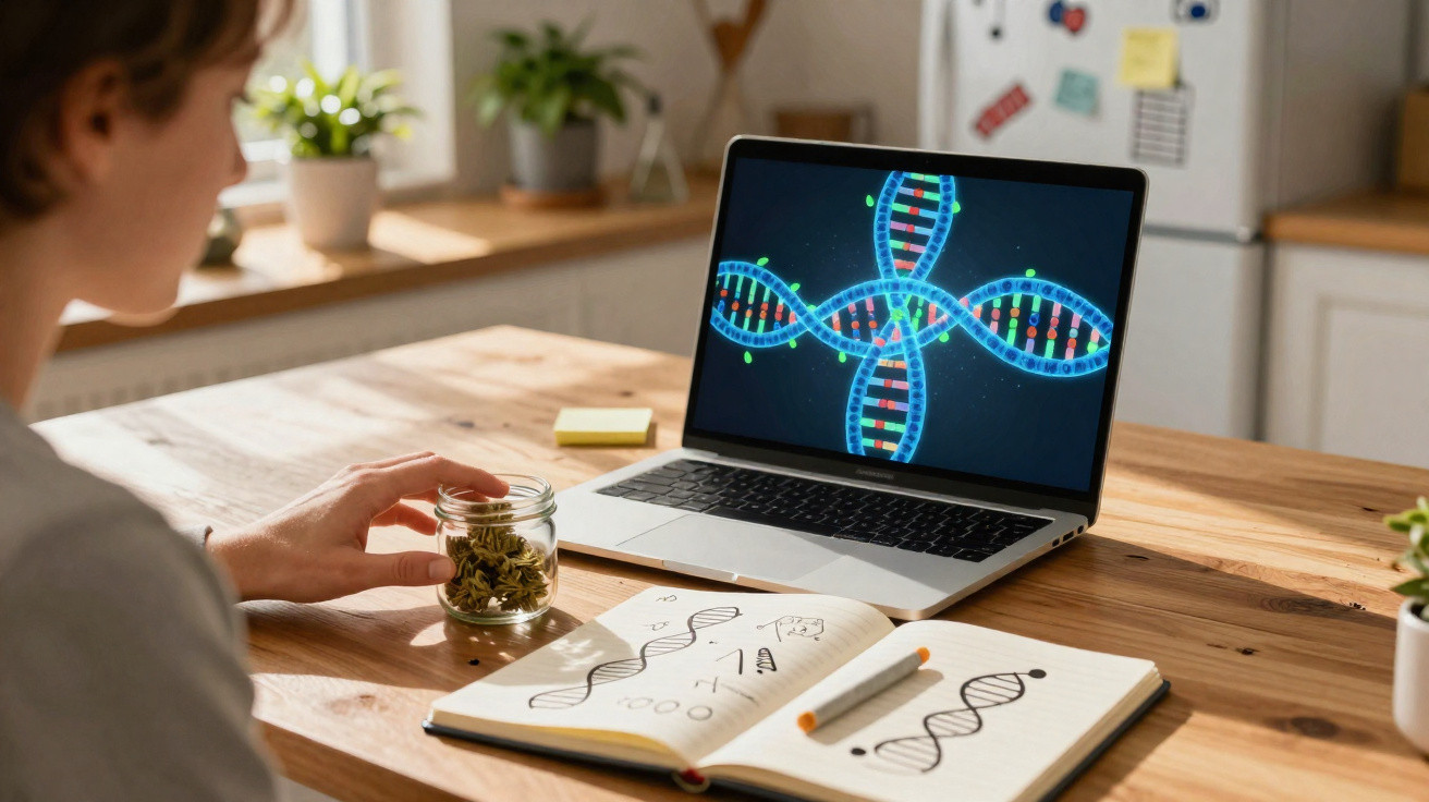 Person studying DNA structures with laptop displaying DNA model and notebook sketches on wooden table.