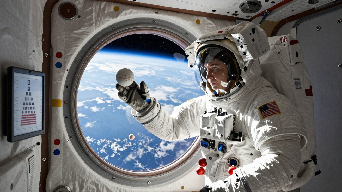 Astronaut in a space suit inside a spacecraft holding a model glowing planet with Earth visible through a porthole window.