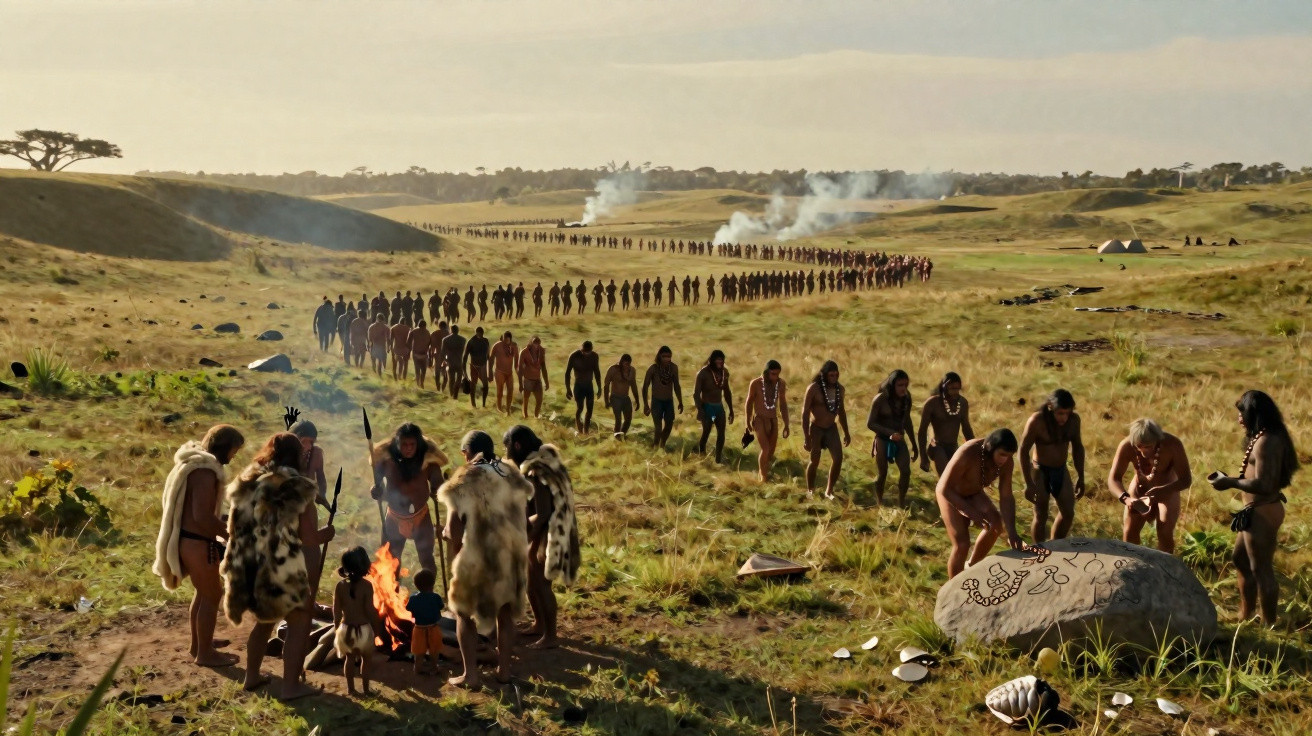 A long line of indigenous people walking across a plain towards a group gathered around a fire near a rock with ancient carvi
