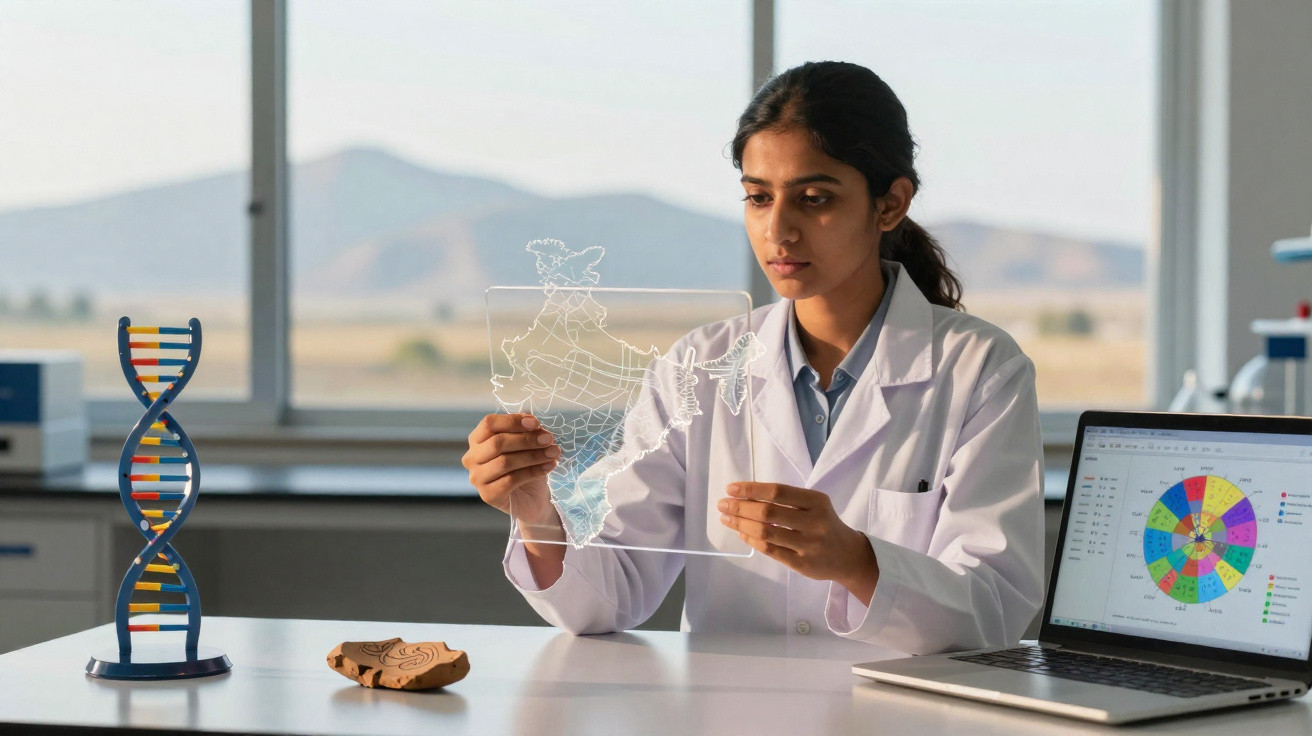 Scientist in white coat examining a transparent map of India in a lab with DNA model and laptop nearby.