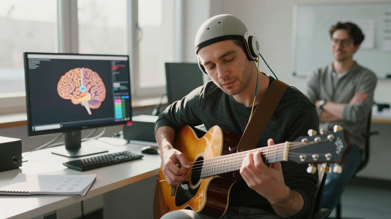 Man wearing neural headset playing acoustic guitar in a lab with brain scan on computer screen.