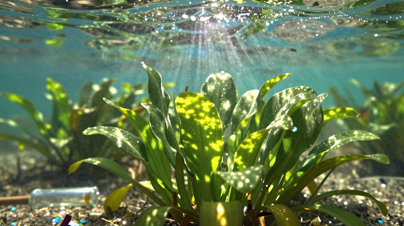 Sunlight filters through clear water onto green aquatic plants growing on the riverbed with scattered debris.